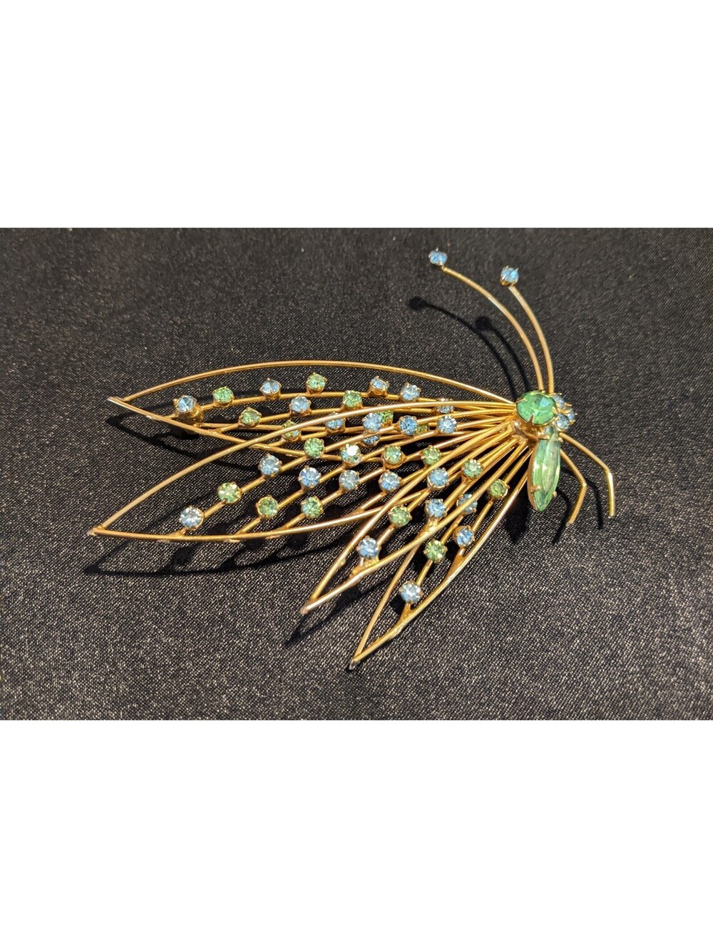 Large Vintage Moth Insect Brooch Blue / Green Rhinestones Gold Tone Metal